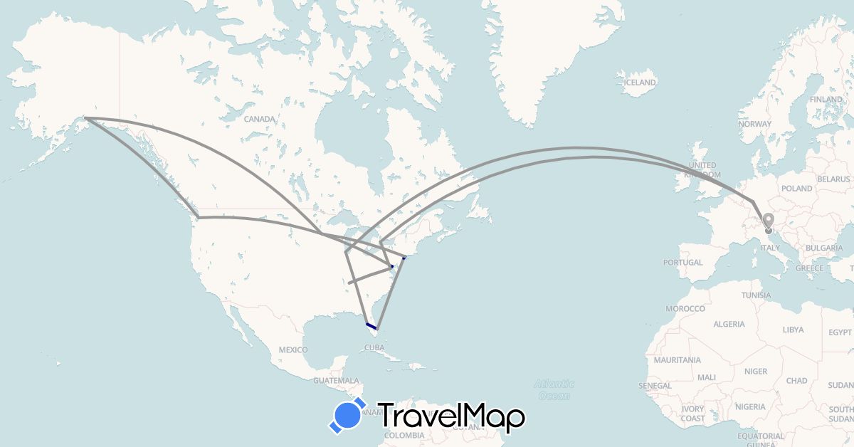 TravelMap itinerary: driving, plane in Canada, Germany, Italy, United States (Europe, North America)