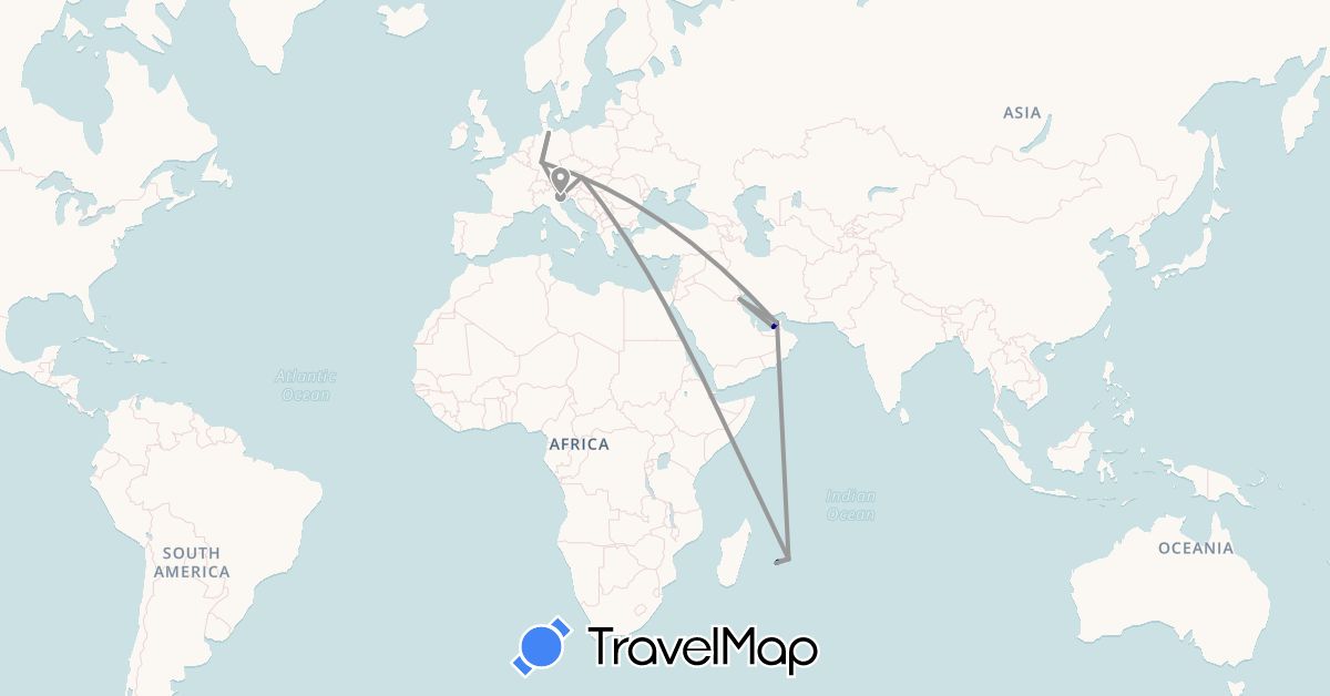 TravelMap itinerary: driving, plane in United Arab Emirates, Austria, Germany, France, Italy, Kuwait, Mauritius (Africa, Asia, Europe)