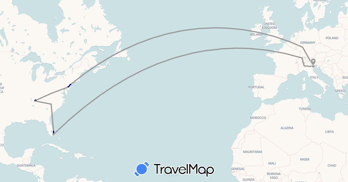 TravelMap itinerary: driving, plane in Switzerland, Germany, Italy, United States (Europe, North America)