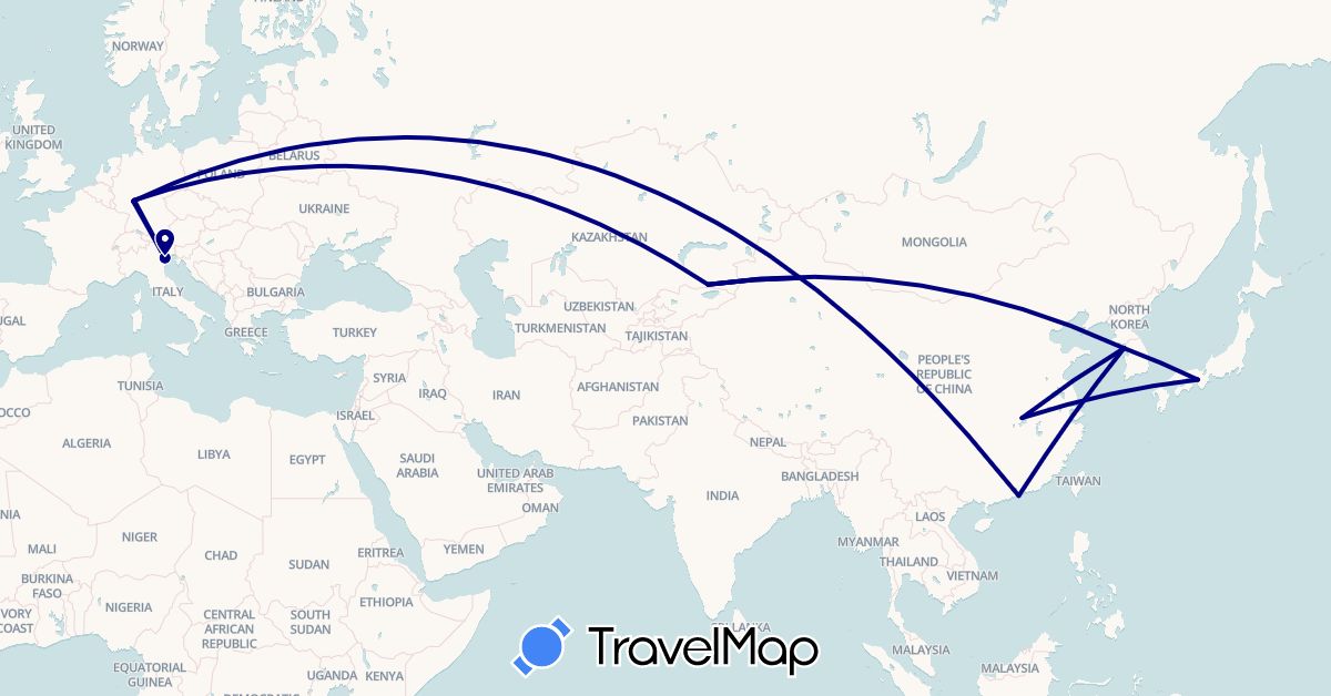 TravelMap itinerary: driving in China, Germany, Italy, Japan, South Korea, Kazakhstan (Asia, Europe)