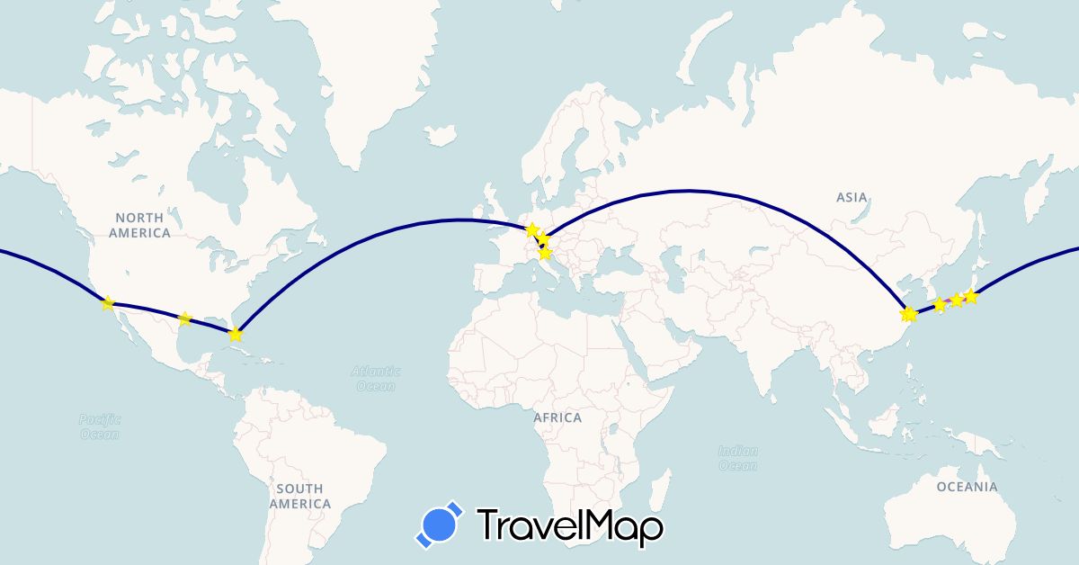 TravelMap itinerary: driving, train in China, Germany, Italy, Japan, United States (Asia, Europe, North America)